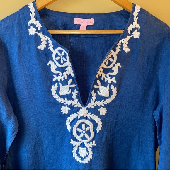 Lilly Pulitzer Blue Embroidered V Neck 100% Linen Blouse Women’s Size Medium - Picture 3 of 13